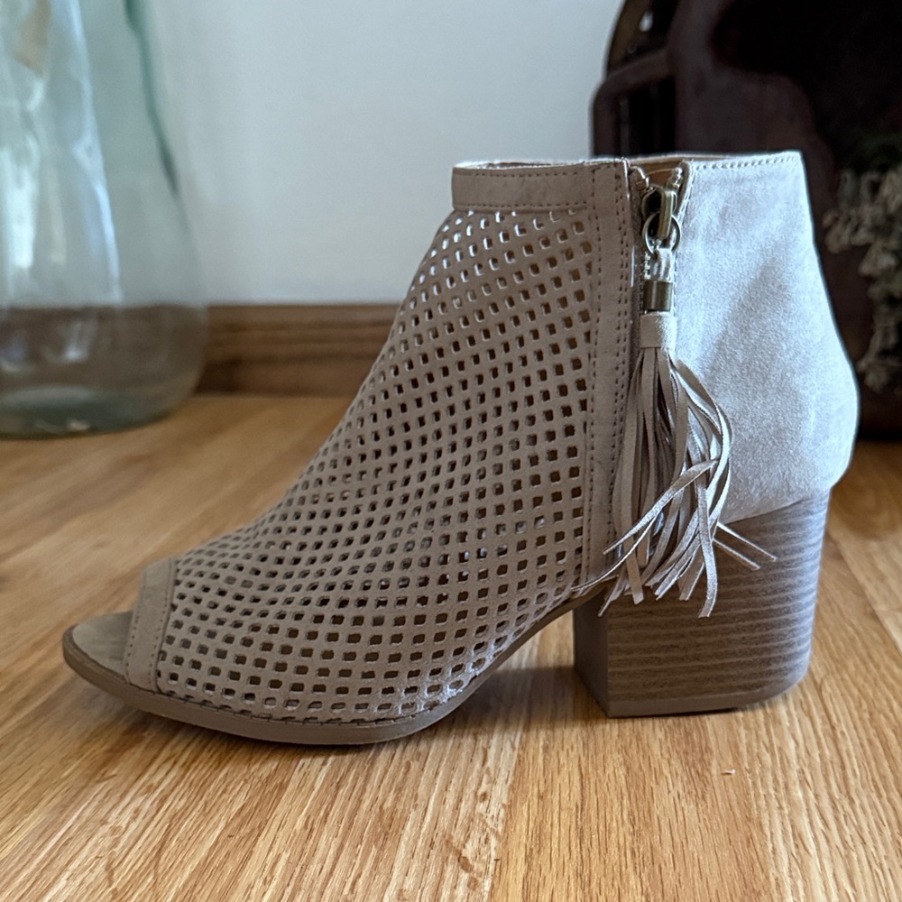 Qupid Taupe Perforated Peep-Toe Ankle Bootie with Tassel